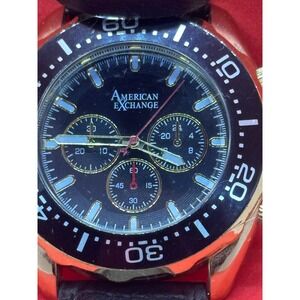 American Exchange Mens Gold Tone Chronograph Style Watch Black Leather Strap